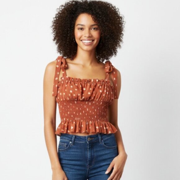 Aritzia Wilfred Ballad Camisole Tank Top Polka dot Crop Smocked  chiffon Orange - Picture 1 of 11